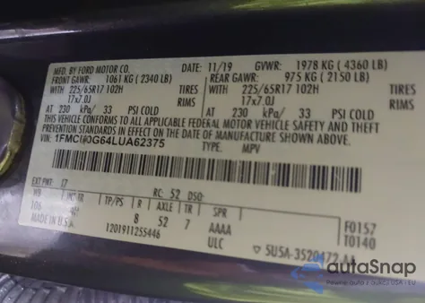 2020 Ford Escape Se from USA, damaged, VIN 1FMCU0G64LUA62375